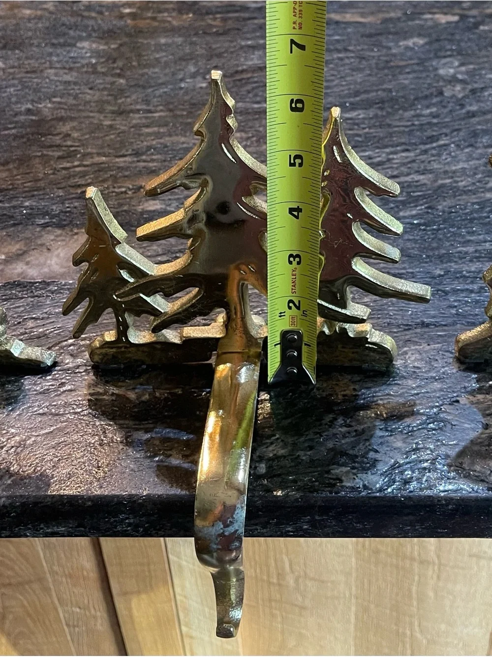 VTG Hallmark Metal Brass Tone Holiday Mantel Hooks Set - Sleigh, Trees & Moose